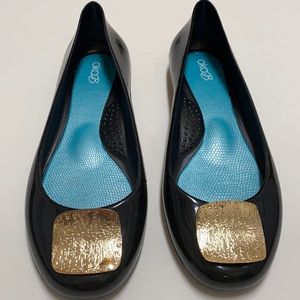 NWOT Black OkaB Flats with gold  ornament.